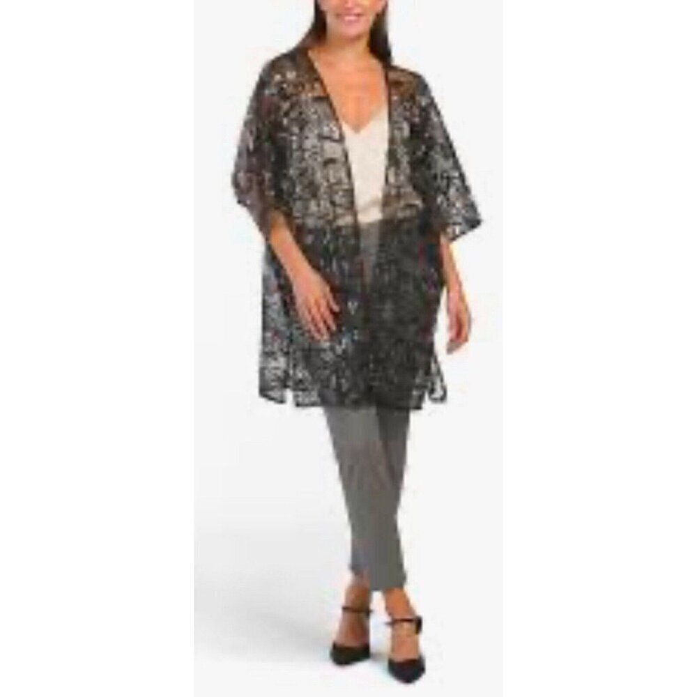 Anne Klein Women’s Black Floral Sequin Open Front Midi Kimono Cardigan Size L/XL